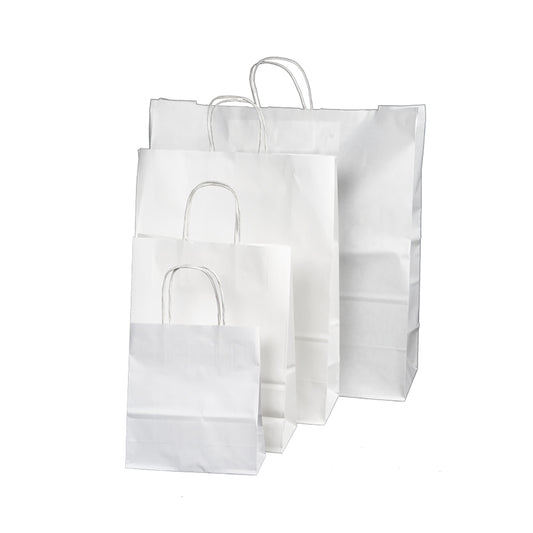 Recycled Kraft 100gm White Carriers with White Twist Handles - Qty 150 & 250